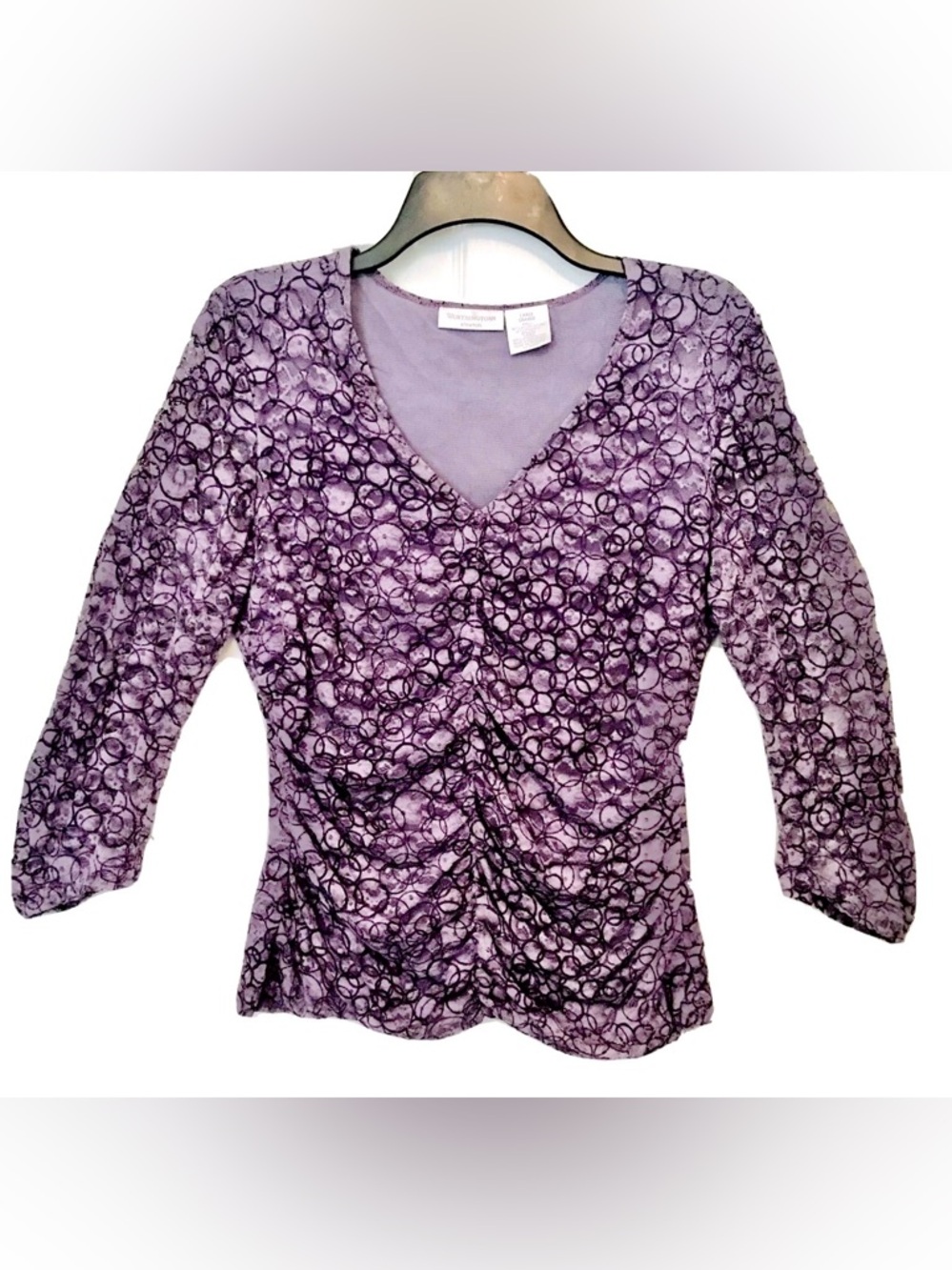 Worthington Stretch Womens Large Purple Lavender Floral Lace 3/4 Long Sleeve Top